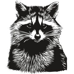 Raccoon small animal cute fluffy realistic, vector black and white