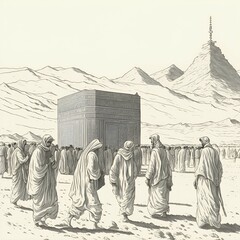 A Group of Pilgrims Going to Kaaba Mosque in the Desert, Hand Drawn Style Illustration, Ai