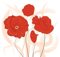 red poppy flower, line drawing style