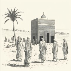 A Group of Pilgrims Going to Kaaba Mosque in the Desert, Hand Drawn Style Illustration, Ai