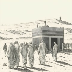 A Group of Pilgrims Going to Kaaba Mosque in the Desert, Hand Drawn Style Illustration, Ai