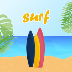 Fototapeta na wymiar Surfboard on the background of a tropical beach. Vector illustration. Summer poster.