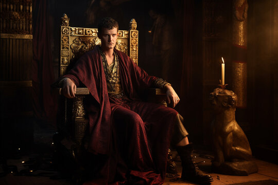 A roman emperor Caligula sits on a throne, surrounded by the symbols of his might and power, ai generative