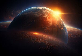 Obraz na płótnie Canvas Sunrise over the planet Earth concept with a bright sun and flare and city lights panoramic. Generative AI