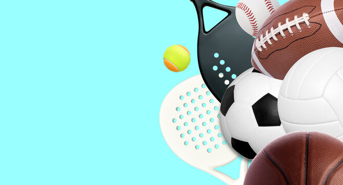 Sports equipment, rackets and balls on blue background. Horizontal education and sport poster, greeting cards, headers, website.