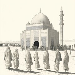 A Group of Pilgrims Going to Mosque, Hand Drawn Style Illustration, Ai
