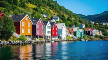 Fototapeta na wymiar Colorful village in Norway by a lake. Generative AI illustration.