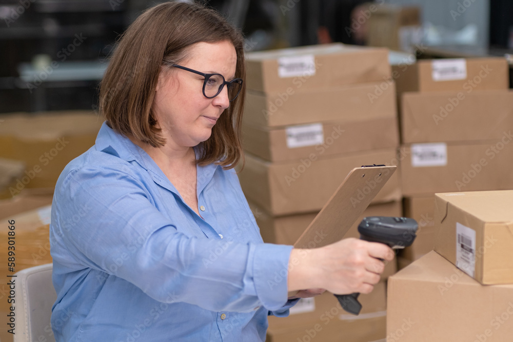 Poster online store workers scanning parcel boxes barcodes in their shop for tracking and shipping delivery