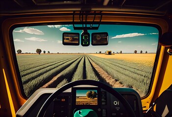 View from tractor cab on field. Harvester machine inside cabin, control panel, levers, steering wheel. Agriculture farming concept. Summer countryside nature view. Cozy village houses. generative AI