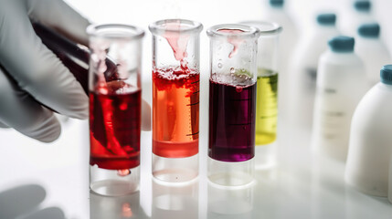 hand of scientist with test tube and flask in medical chemistry lab. Generative Ai