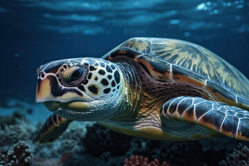 Fototapeta premium Graceful Sea Turtle Portrait Swimming in the Ocean