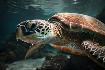 Obraz premium Graceful Sea Turtle Portrait Swimming in the Ocean