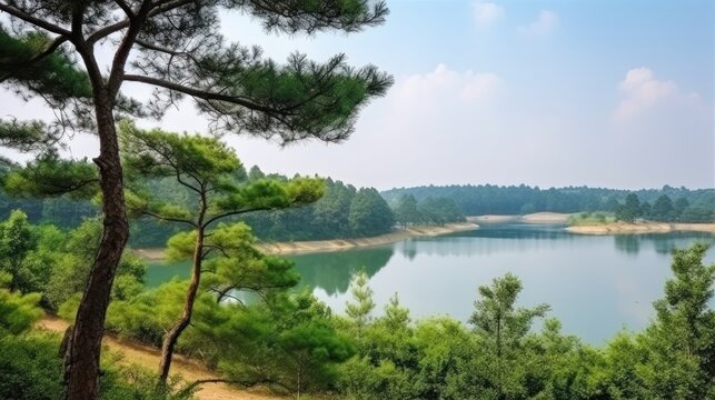 Serene Pine Forest and Majestic Reservoir: A Breathtaking Landscape View - Generative AI