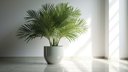 Palm: indoor, green, beautiful, dense, fresh, luxurious, unique, delicate, exquisite, exotic, decorative, lovely, shady, large-leafed, tall. Vase: beautiful, exquisite, sturdy, con Generative AI
