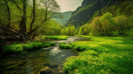 Fototapeta premium Nature, beautiful, spring, mountains, river, sun, stones, covered, mosses, green, fresh, bright, juicy, transparent, green meadows, overgrown with trees, green plantations, lush gr Generative AI