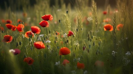 Meadow - beautiful, spacious, sun-drenched. Scarlet poppies - large, bright, lush. Rye grass - green, soft, tall. Other flowers - colorful, delicate, fragrant, small, aromatic, bri Generative AI