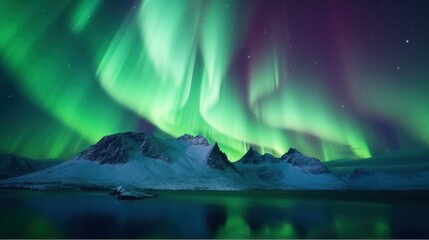 Aurora Over Alpine Peaks: Awe-Inspiring Northern Lights Dance in the Sky amidst Majestic Mountain Ranges - Generative AI - obrazy, fototapety, plakaty