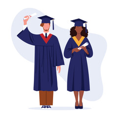 Vector illustration of masters boy and girl. Cartoon graduation scene students in academic clothes: robes and graduation cap with diplomas on white background. Prom.