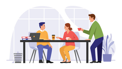 Vector illustration of office workers. Cartoon scene of men and women in the office on a break sitting at a table with a laptop, folders, talking and drinking coffee isolated on a white background.