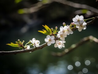 A delicate and enchanting view of a cherry blossom branch in a Japanese garden