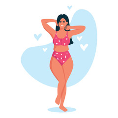 Vector illustration of a beautiful girl with a curvaceous figure. Cartoon scene with a tanned girl in a swimsuit who is satisfied with her appearance and loves herself isolated on a white background.