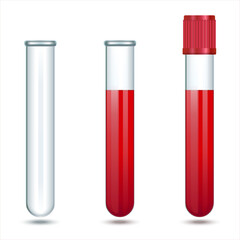 Glass laboratory test tube with cap. Blood test tube glass design. Empty vial without liquid. Laboratory glassware, biology, medicine and pharmaceuticals. Object on a white background. Vector EPS 10 - obrazy, fototapety, plakaty