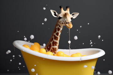 Obraz na płótnie Canvas Adorable Giraffe Taking a Bubble Bath