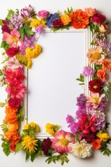  Illustration depicts a frame with a beautiful bouquet of fresh flowers in the center, surrounded by white space for text Generative AI