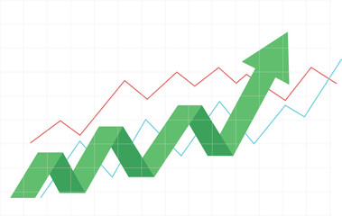 green bussiness arrow and graph stock market arrow growing pointing up on economic chart icon trending upwards financial board rises - obrazy, fototapety, plakaty