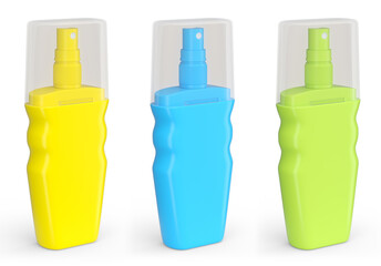 Set of sunscreens bottle or sunblock cream tube on white background.