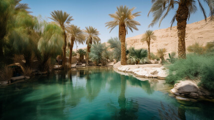 Fototapeta na wymiar An oasis in the middle of the desert with palm trees Generative AI