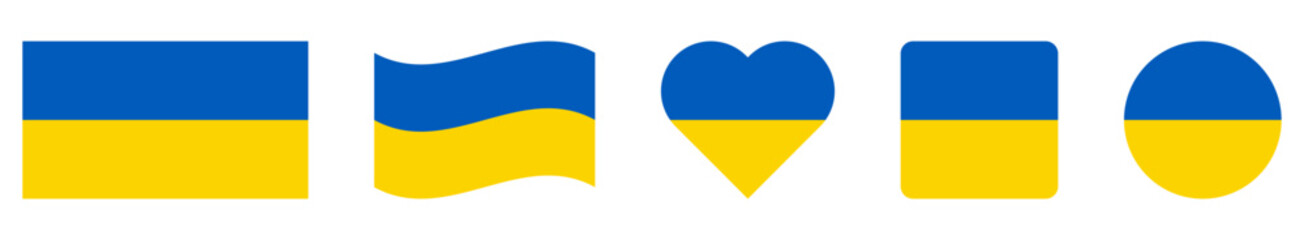 Set of Ukraine flag in different shapes. Ukrainian flag symbol in national colors. Vector illustration