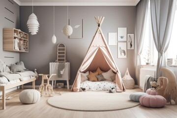 This image depicts a modernly decorated children's room with an Indian teepee, designed for kids Generative AI