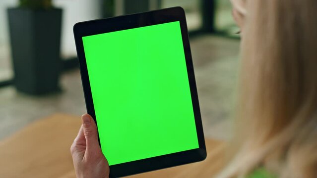 Closeup woman working chromakey computer indoors. Businesswoman gesturing hands