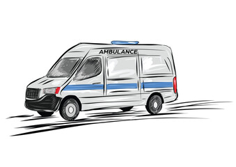Ambulance car is drawn with a contour line.  Vector illustration for infographic and coloring