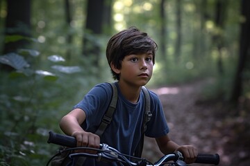 Fototapeta na wymiar Boy riding bike in the forest. Generative AI