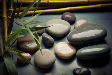 Fototapeta na wymiar Serene Spa-Themed Background with Stones and Bamboo