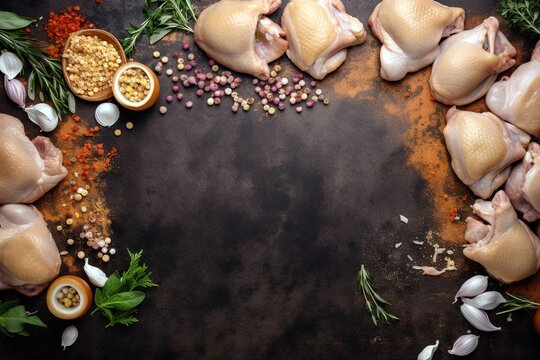 Raw chicken breast with spices over dark background with copy space. Generative AI