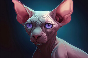 Obraz premium Closeup Cartoon Illustration Portrait of a Hairless Sphynx Cat, Generative AI