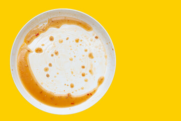 Dirty dish on yellow background. Top view