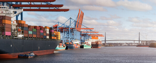 Container terminal and ships in the port of Hamburg in sunny weather with Köhlbrand Bridge