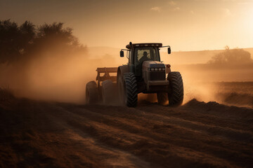 Fototapeta premium Striking Tractor in Action on Dusty Field at Sunset