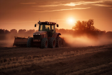 Fototapeta premium Striking Tractor in Action on Dusty Field at Sunset
