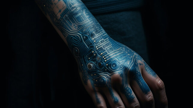 Close-up of a futuristic tattoo on a woman's arm