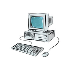 Vintage computer illustration, drawing, engraving, ink, line art, vector