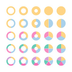 Colored segments pie diagram template. Circle graph collection. Circular structure chart into multicolor segments. Set schemes with sectors. Piechart with section and slices. Vector illustration