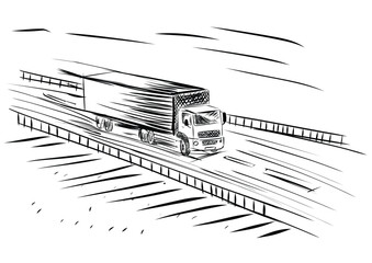 One line drawing of modern big trailer truck with container. Courier cargo delivering vehicle transportation concept. 