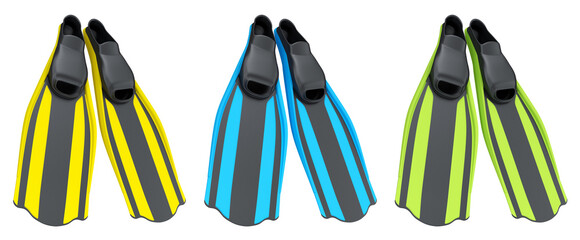 Set of diving flippers for summer holidays and snorkeling on white background.