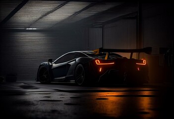 Plakat Silhouette of a modern generic sports racing car standing in a dark garage. 3d rendering. Generative AI