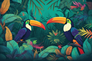 Toucans in a Vibrant Tropical Rainforest Illustration
